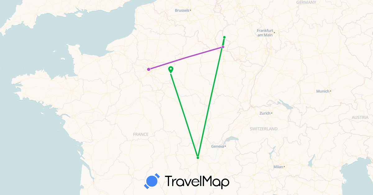 TravelMap itinerary: driving, bus, train in France, Luxembourg (Europe)
